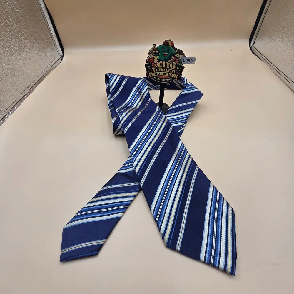 Canali Mens Silk Tie Navy Blue Light Blue Gold Striped Made in Italy Luxury